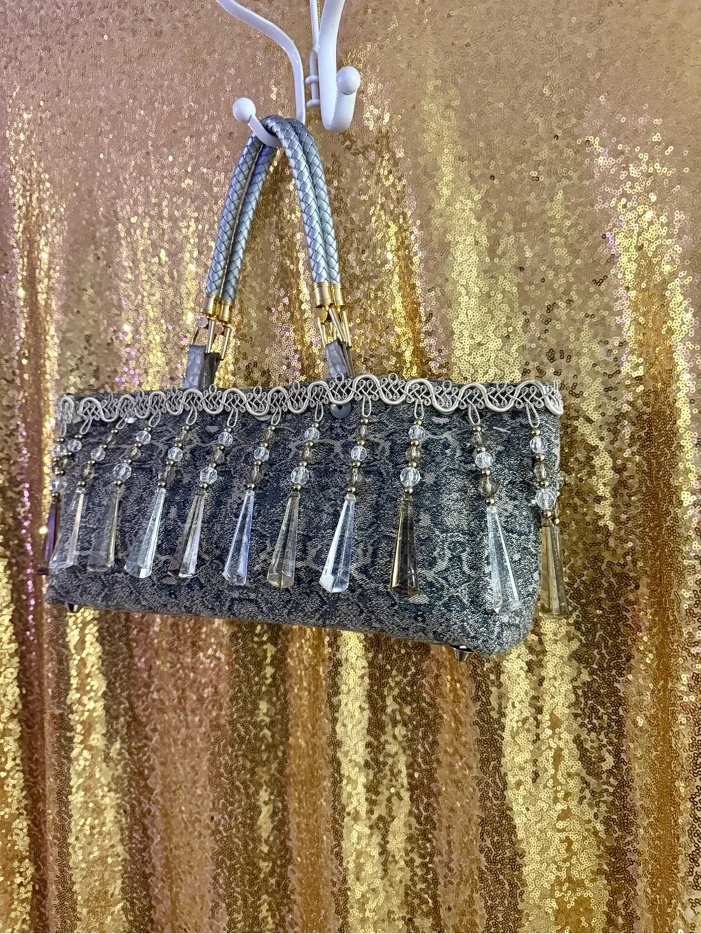 Gray Beaded Fringe Evening Clutch with Crystal Tassels